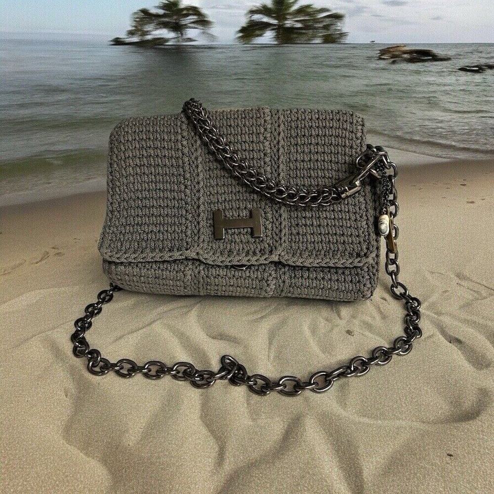 Hand woven Crochet bag‎ - HELENA Gray Purse Chain Strap